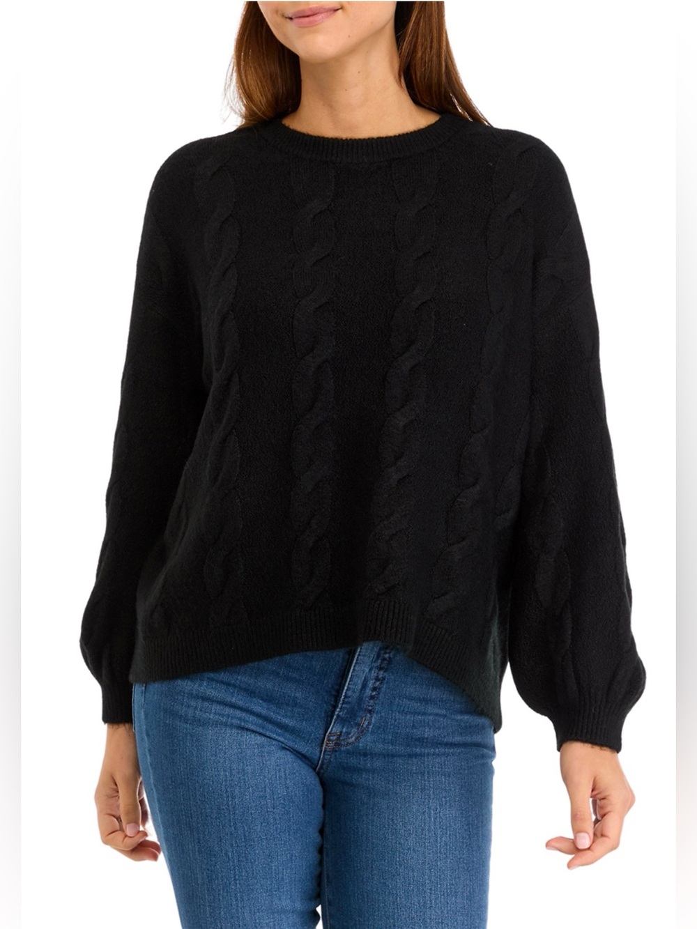 CROW & IVY Petite Black Cable Knit Crewneck Sweater - Women
